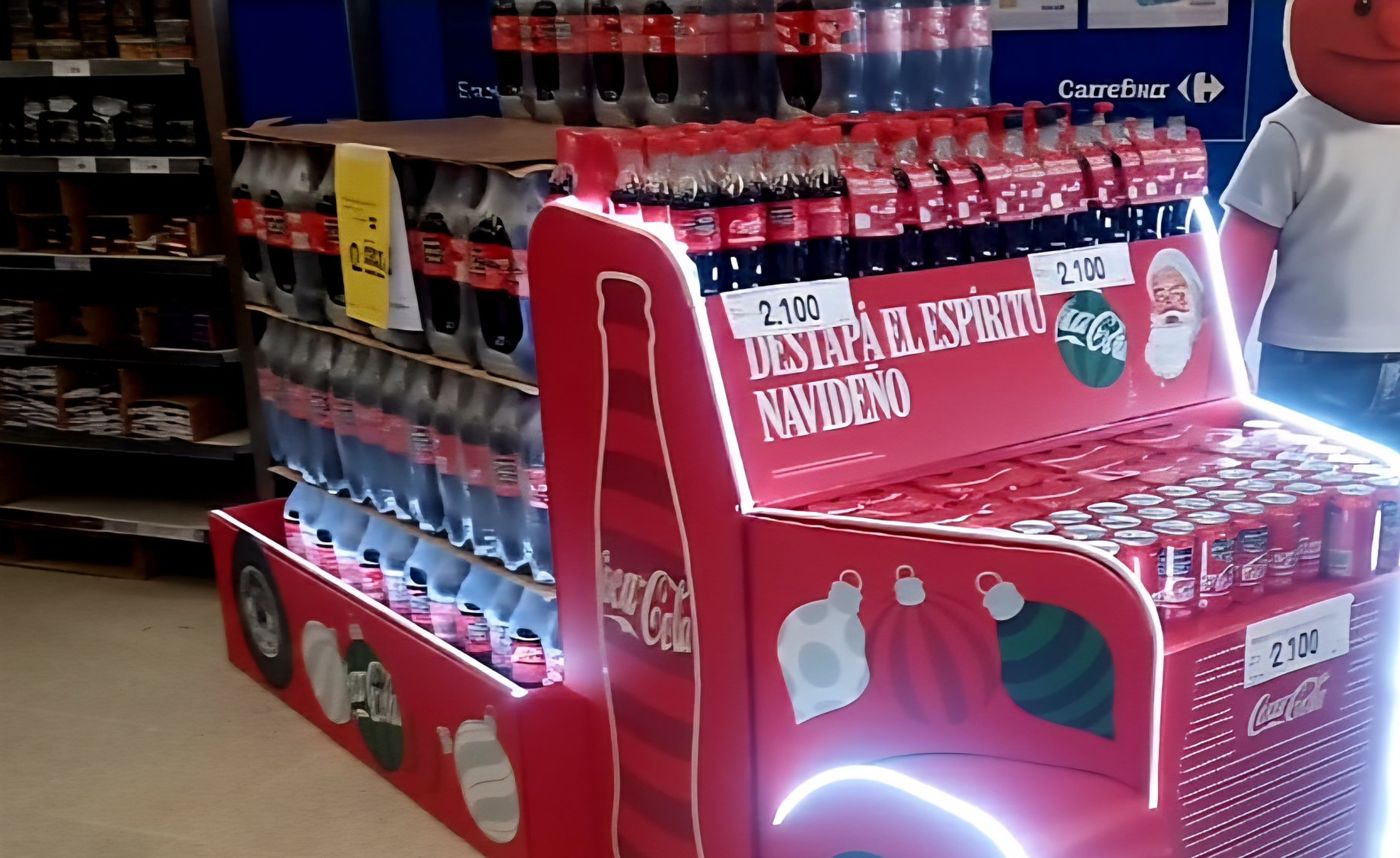 Isla navideña de Coca-Cola con forma de camión y bordes iluminados